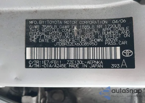 2006 Toyota Corolla Le из США, поврежденный, VIN JTDBR32EX60085950